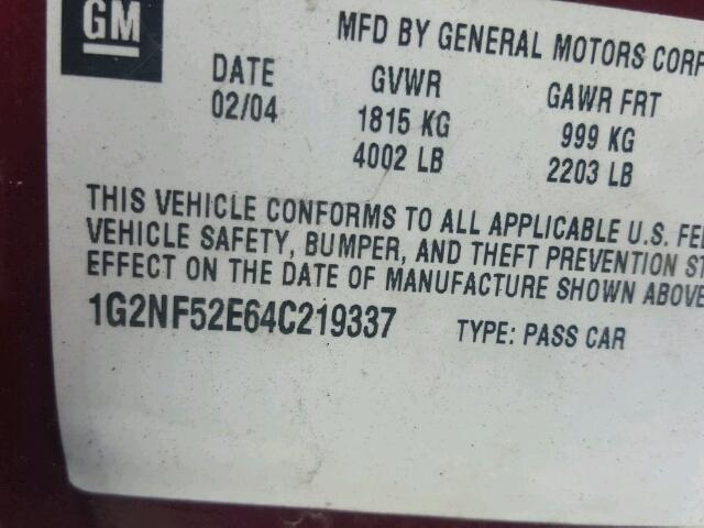 1G2NF52E64C219337 - 2004 PONTIAC GRAND AM S მუქწითელი ფოტო 10