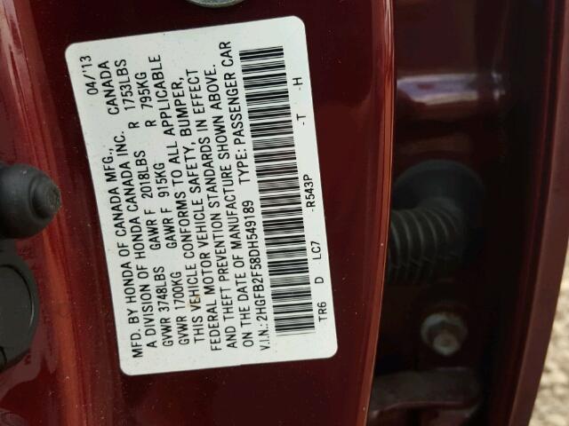 2HGFB2F58DH549189 - 2013 HONDA CIVIC LX BURGUNDY photo 10