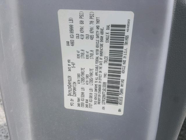 1D7KS28A77J615599 - 2007 DODGE RAM 2500 S ვერცხლისფერი ფოტო 10