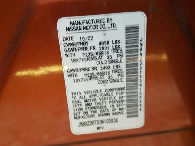 JN8AZ08T53W100934 - 2003 NISSAN MURANO SL ORANGE photo 10