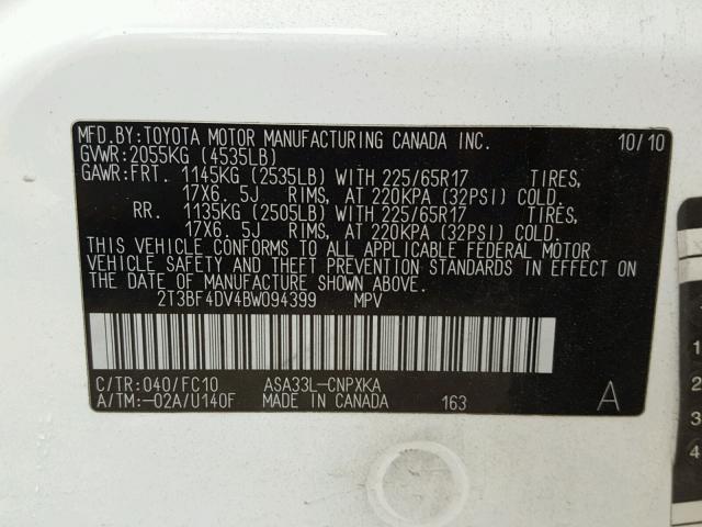 2T3BF4DV4BW094399 - 2011 TOYOTA RAV4 WHITE photo 10