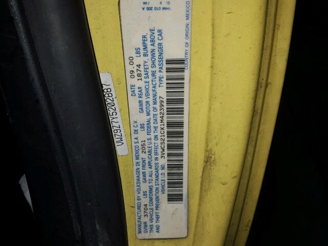 3VWCS21CX1M423997 - 2001 VOLKSWAGEN NEW BEETLE 黄色 照片 10