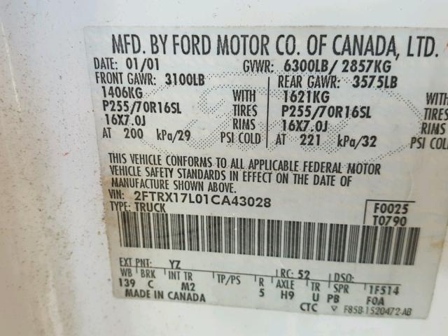 2FTRX17L01CA43028 - 2001 FORD F150 WHITE photo 10