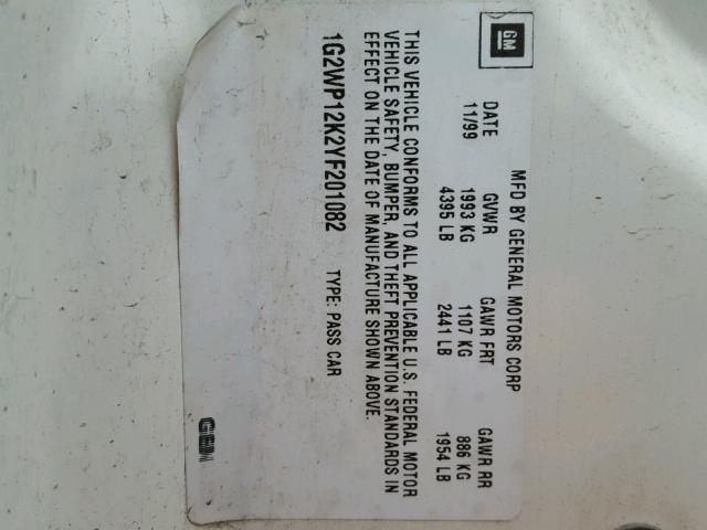 1G2WP12K2YF201082 - 2000 PONTIAC GRAND PRIX WHITE photo 10