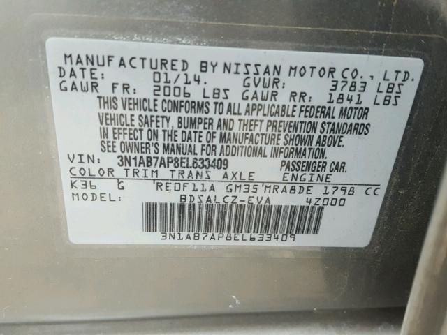 3N1AB7AP8EL633409 - 2014 NISSAN SENTRA S GRAY photo 10