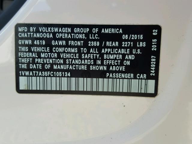 1VWAT7A35FC105134 - 2015 VOLKSWAGEN PASSAT S Սպիտակ լուսանկար 10