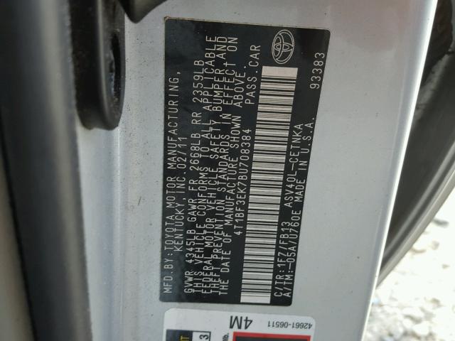 4T1BF3EK7BU708384 - 2011 TOYOTA CAMRY BASE SILVER photo 10