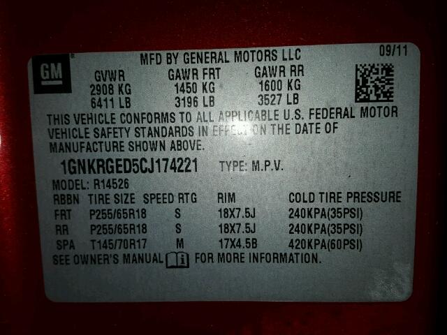 1GNKRGED5CJ174221 - 2012 CHEVROLET TRAVERSE L RED photo 10