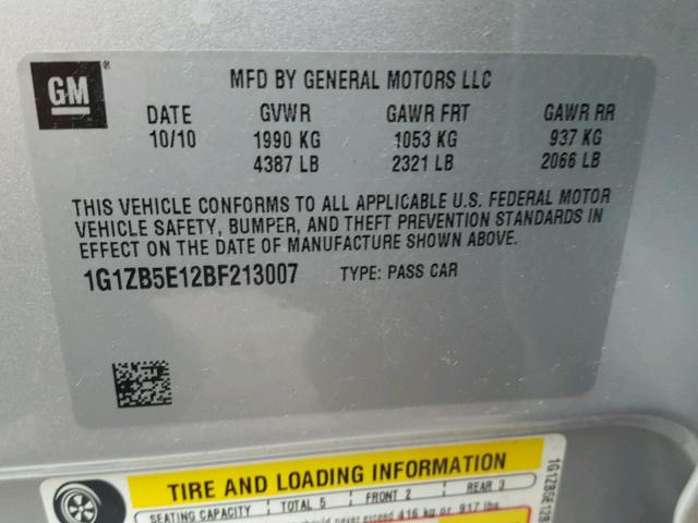 1G1ZB5E12BF213007 - 2011 CHEVROLET MALIBU LS ვერცხლისფერი ფოტო 10