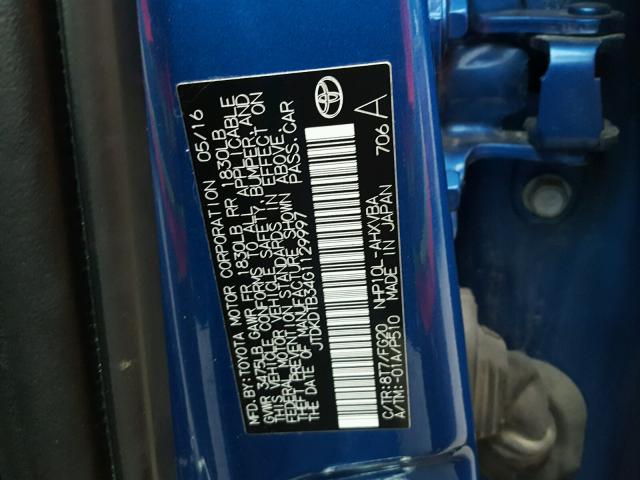 JTDKDTB34G1129997 - 2016 TOYOTA PRIUS C BLUE photo 10