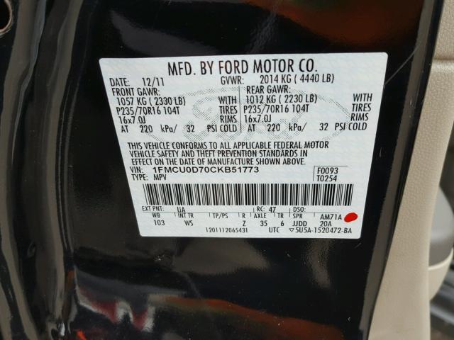 1FMCU0D70CKB51773 - 2012 FORD ESCAPE XLT BLACK photo 10