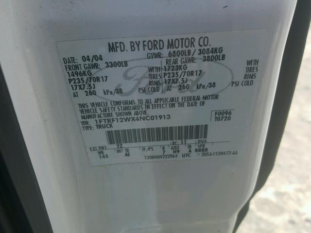 1FTRF12WX4NC01913 - 2004 FORD F150 WHITE photo 10