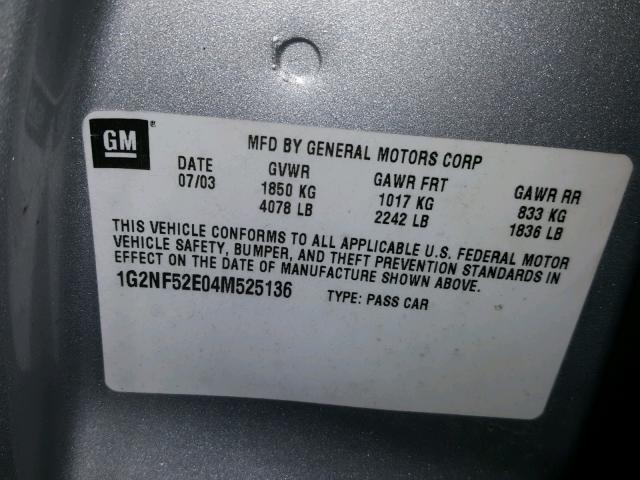 1G2NF52E04M525136 - 2004 PONTIAC GRAND AM S ვერცხლისფერი ფოტო 10