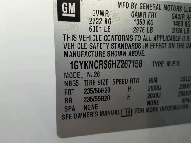 1GYKNCRS6HZ267158 - 2017 CADILLAC XT5 PREMIU WHITE photo 10