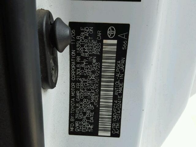 JTKDE167X70192723 - 2007 TOYOTA SCION TC 白色 照片 10