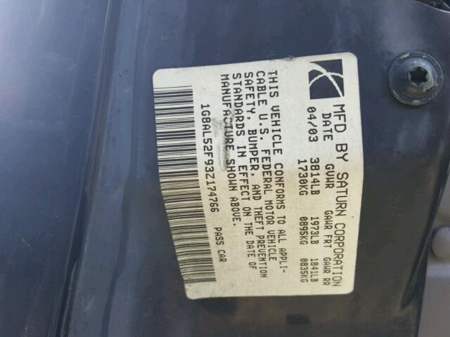 1G8AL52F93Z174766 - 2003 SATURN ION LEVEL BLACK photo 10