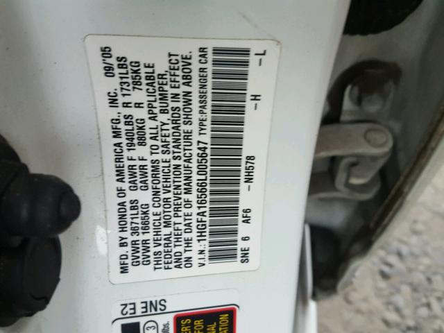 1HGFA16566L005647 - 2006 HONDA CIVIC WHITE photo 10