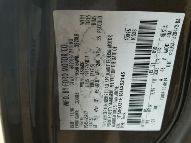 1FMEU31E18UA52145 - 2008 FORD EXPLORER S BROWN photo 10