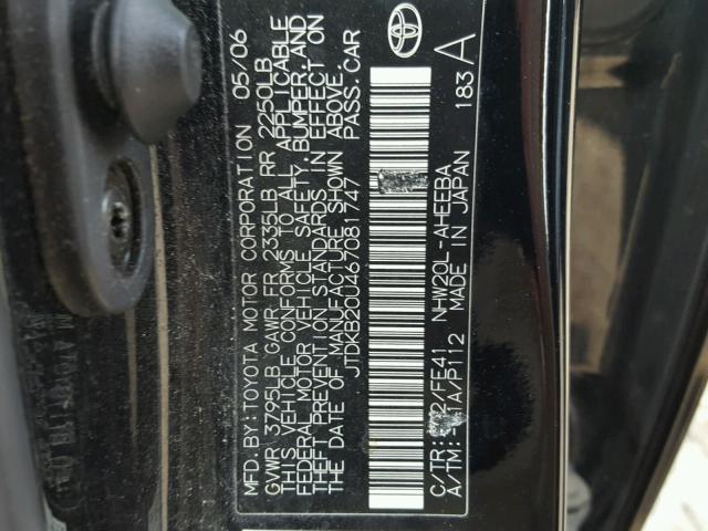 JTDKB20U467081747 - 2006 TOYOTA PRIUS BLACK photo 10