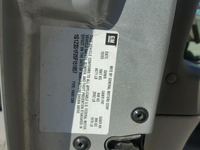 1G1ZS51F26F151857 - 2006 CHEVROLET MALIBU LS ვერცხლისფერი ფოტო 10