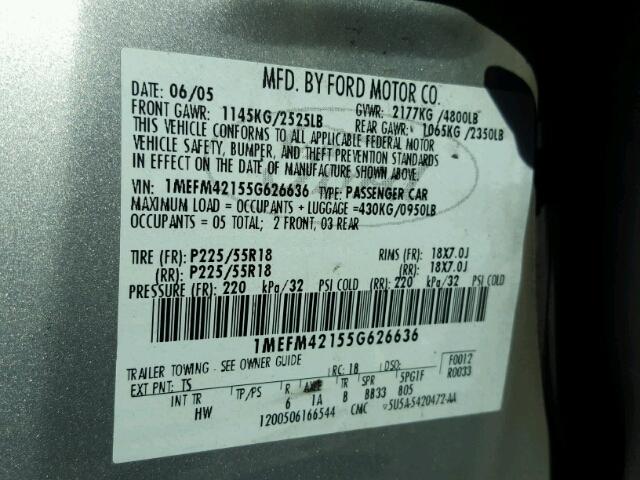 1MEFM42155G626636 - 2005 MERCURY MONTEGO PR 银色 照片 10