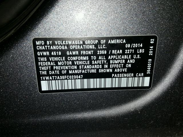 1VWAT7A35FC023047 - 2015 VOLKSWAGEN PASSAT S ნაცრისფერი ფოტო 10