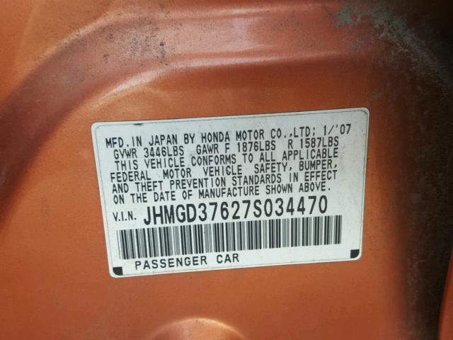 JHMGD37627S034470 - 2007 HONDA FIT S ORANGE photo 10