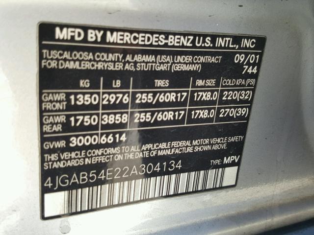 4JGAB54E22A304134 - 2002 MERCEDES-BENZ ML 320 SILVER photo 10