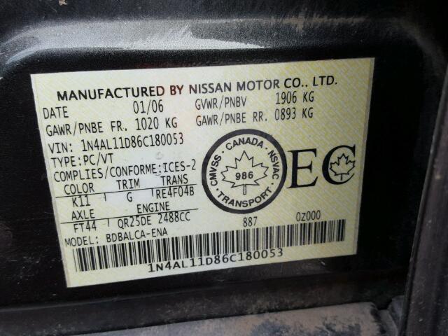 1N4AL11D86C180053 - 2006 NISSAN ALTIMA S SILVER photo 10