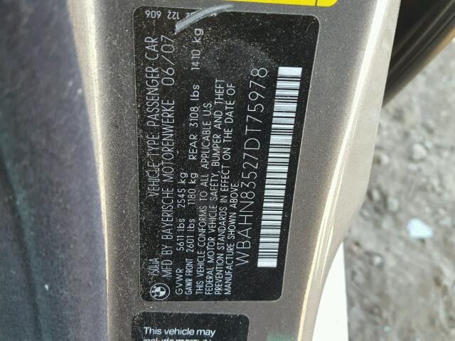 WBAHN83527DT75978 - 2007 BMW 750 GRAY photo 10