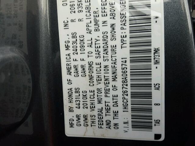 1HGCP26728A065741 - 2008 HONDA ACCORD EX GRAY photo 10