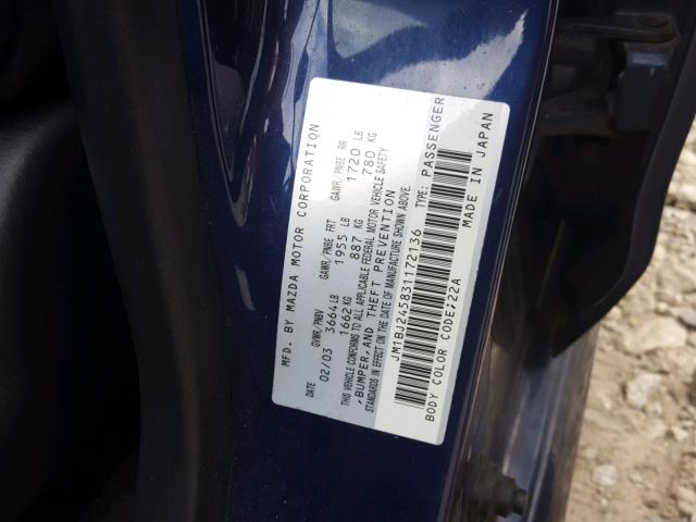 JM1BJ245831172136 - 2003 MAZDA PROTEGE PR BLUE photo 10