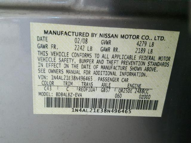 1N4AL21E38N496465 - 2008 NISSAN ALTIMA 2.5 GOLD photo 10