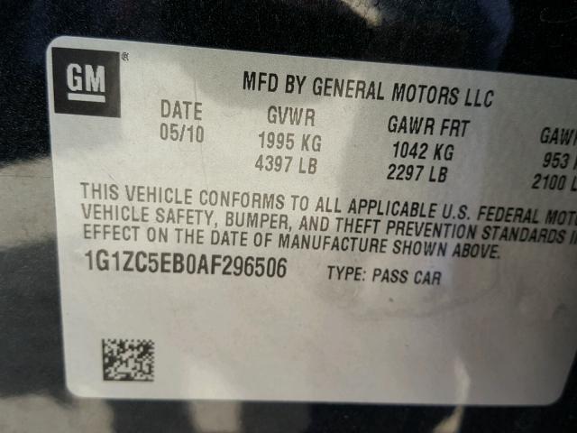 1G1ZC5EB0AF296506 - 2010 CHEVROLET MALIBU 1LT BLACK photo 10