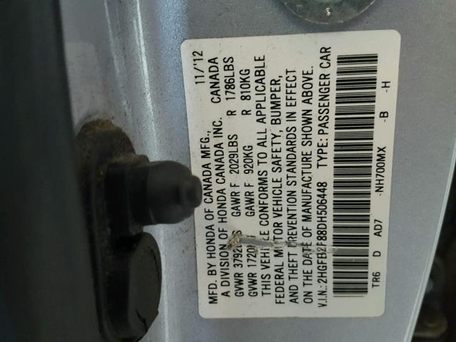 2HGFB2F88DH506448 - 2013 HONDA CIVIC EX ვერცხლისფერი ფოტო 10