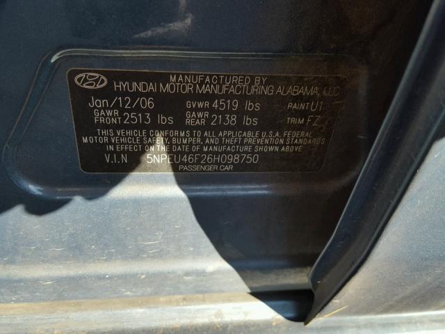 5NPEU46F26H098750 - 2006 HYUNDAI SONATA GLS BLUE photo 10