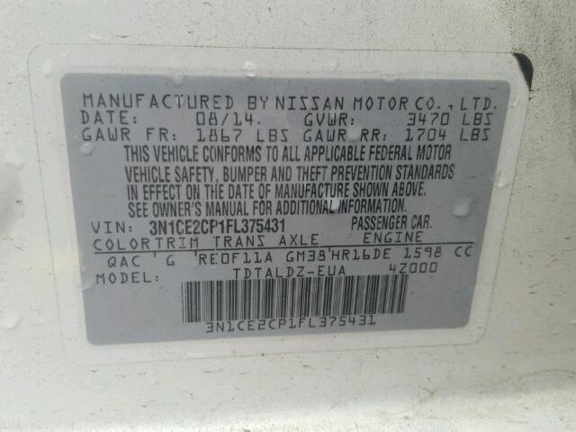 3N1CE2CP1FL375431 - 2015 NISSAN VERSA NOTE WHITE photo 10