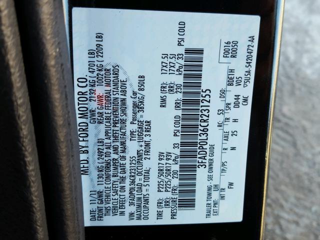 3FADP0L36CR231255 - 2012 FORD FUSION HYB BLACK photo 10