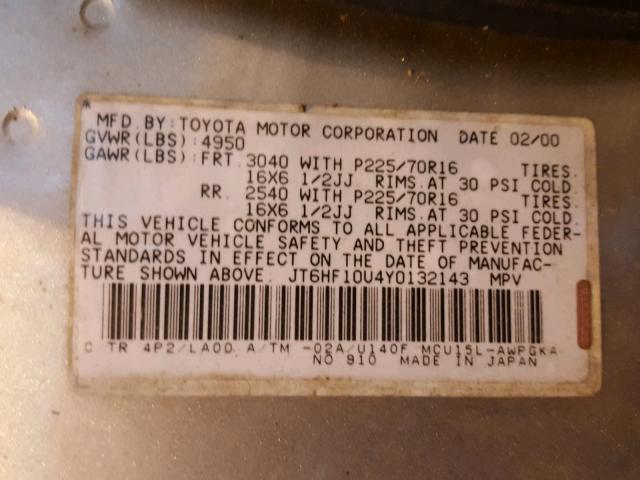 JT6HF10U4Y0132143 - 2000 LEXUS RX 300 GOLD photo 10