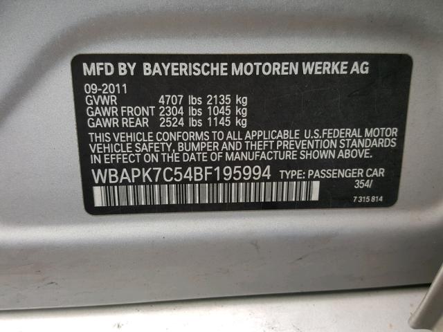 WBAPK7C54BF195994 - 2011 BMW 328 XI SILVER photo 10