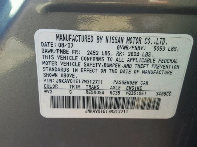 JNKAY01E17M312711 - 2007 INFINITI M35 BASE GRAY photo 10