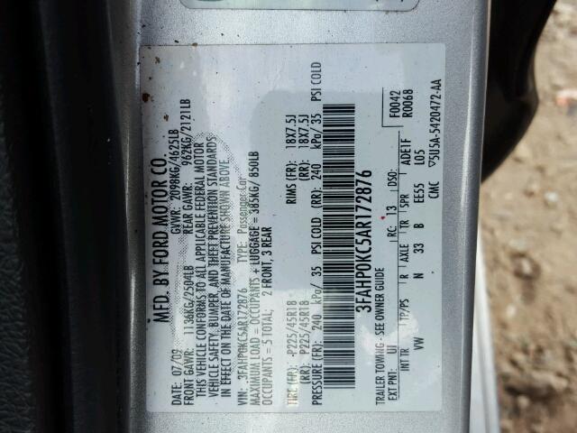 3FAHP0KC5AR172876 - 2010 FORD FUSION SPO SILVER photo 10