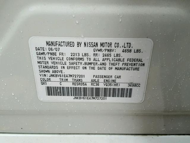 JNKBV61E47M727201 - 2007 INFINITI G35 WHITE photo 10