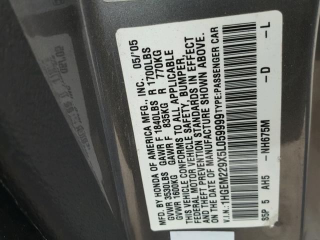 1HGEM229X5L059999 - 2005 HONDA CIVIC EX ნაცრისფერი ფოტო 10