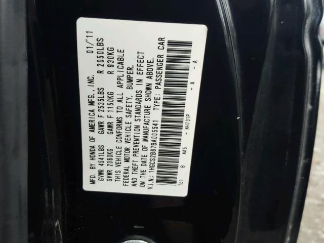 1HGCS2B87BA005541 - 2011 HONDA ACCORD EXL BLACK photo 10