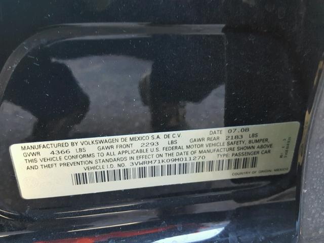 3VWRM71K09M011270 - 2009 VOLKSWAGEN JETTA SE BLACK photo 10