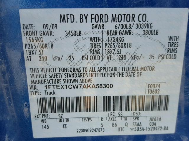 1FTEX1CW7AKA58300 - 2010 FORD F150 SUPER BLUE photo 10