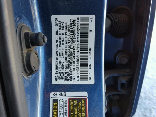 1HGFA16836L143916 - 2006 HONDA CIVIC EX 蓝色 照片 10