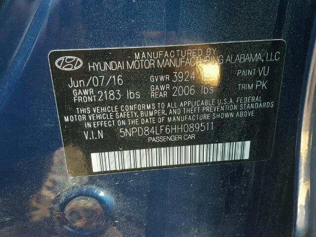 5NPD84LF6HH089511 - 2017 HYUNDAI ELANTRA SE BLUE photo 10