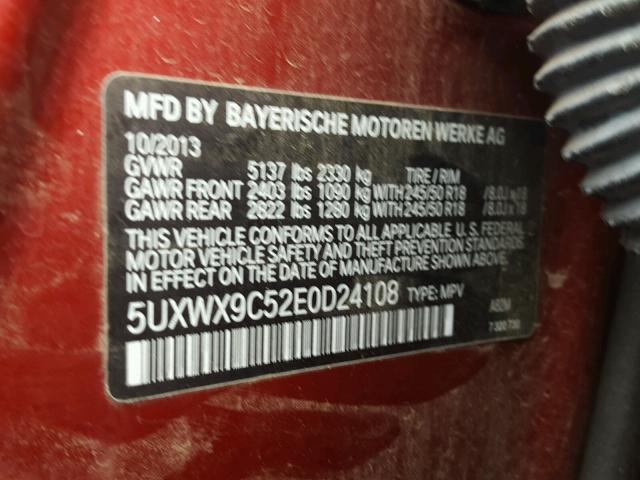 5UXWX9C52E0D24108 - 2014 BMW X3 XDRIVE2 RED photo 10